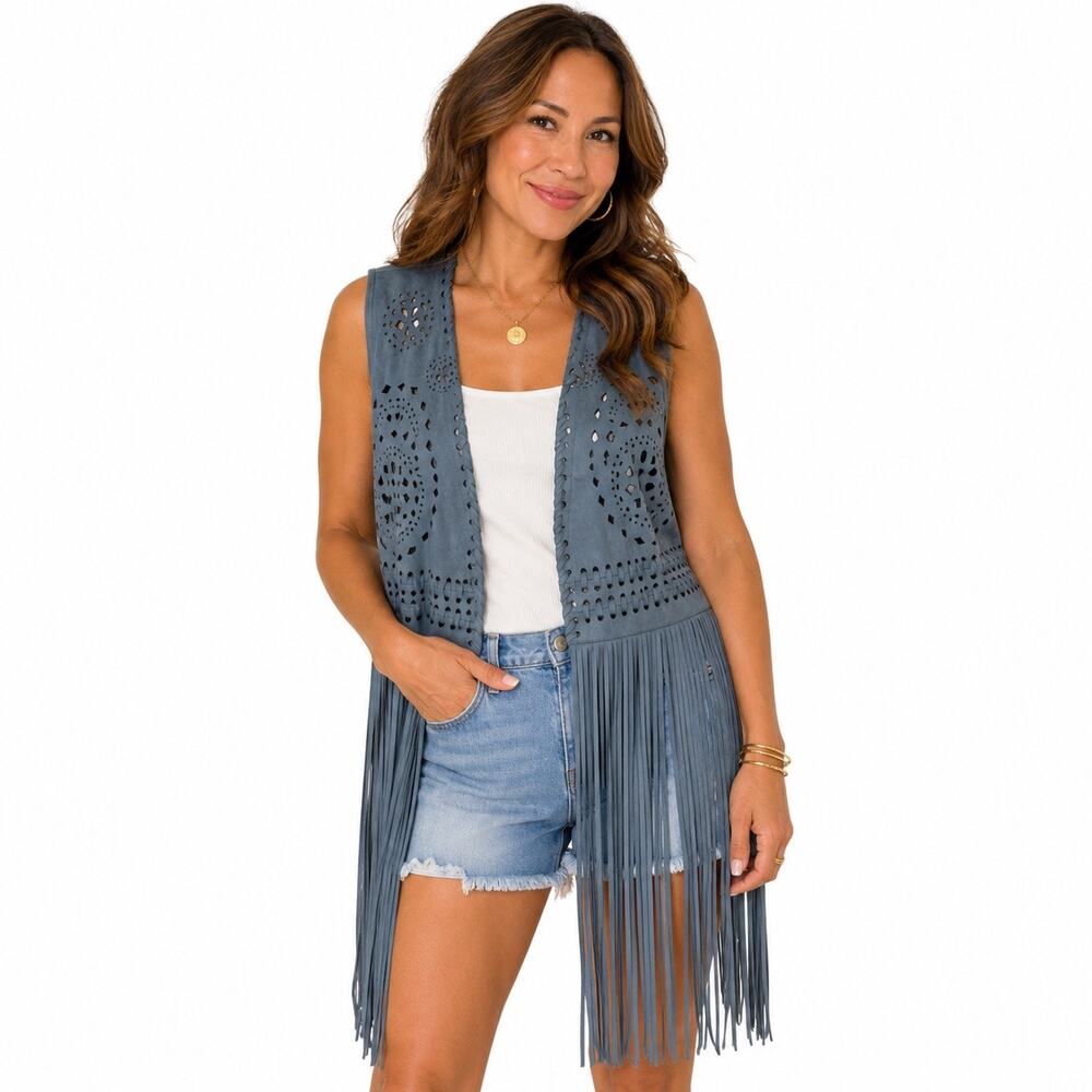 Black Rivet Blue Faux Suede Laser Cut Fringe Vest Boho Western Sz M